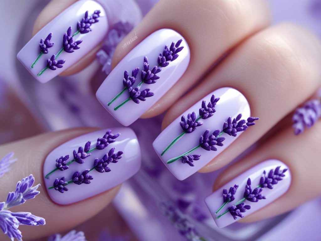 Floral Nail Art 2025: Vibrant Trends for Stunning Manicures 8 Lavender sprig floral nail art designs with purple accents for 2025
