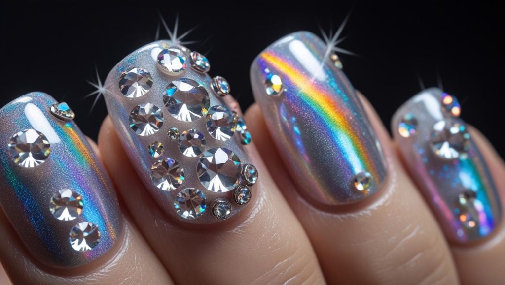 Holographic Nails 2025: Prismatic Trends for Stunning Manicures 10 Holographic gemstone nail designs with clear gems for 2025
