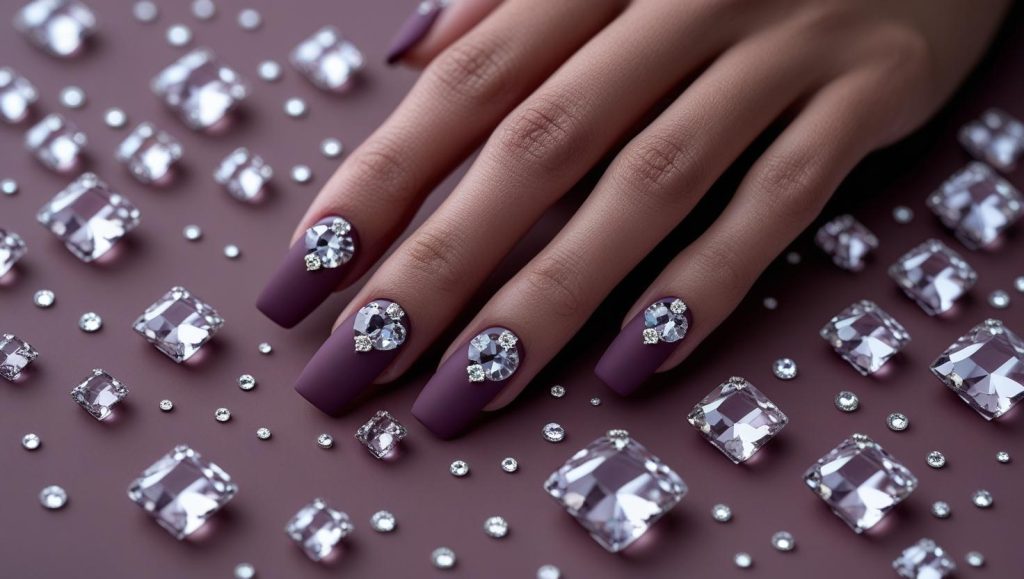 Matte gemstone nail designs with clear gems on a deep mauve base for 2025.