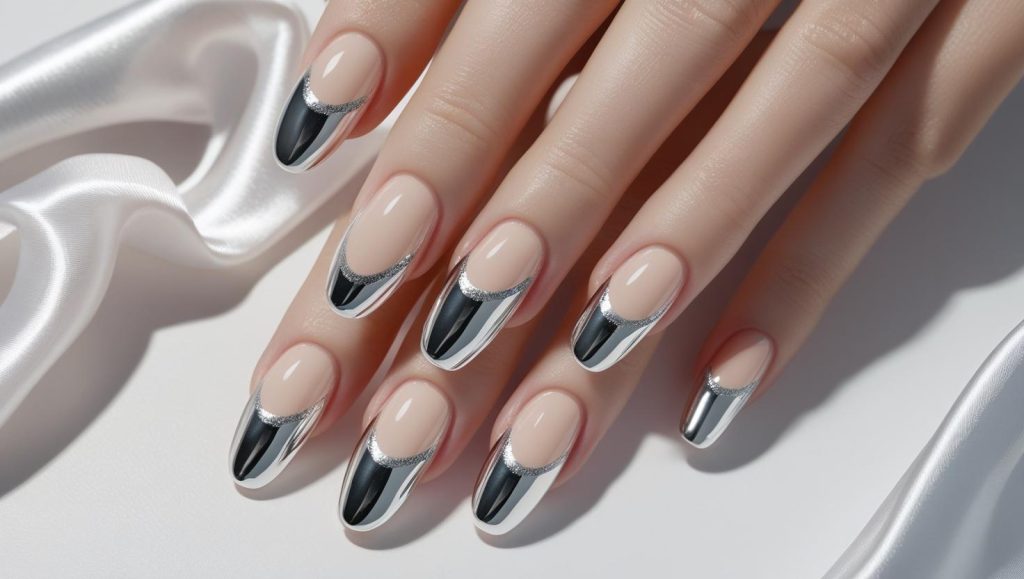 Chrome French tip nail designs with silver tips for 2025