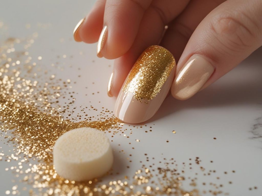 Almond Nails 2025: Chic Trends for Stunning Manicures 7 Creating Glitter accent almond nail designs with gold sparkle for 2025