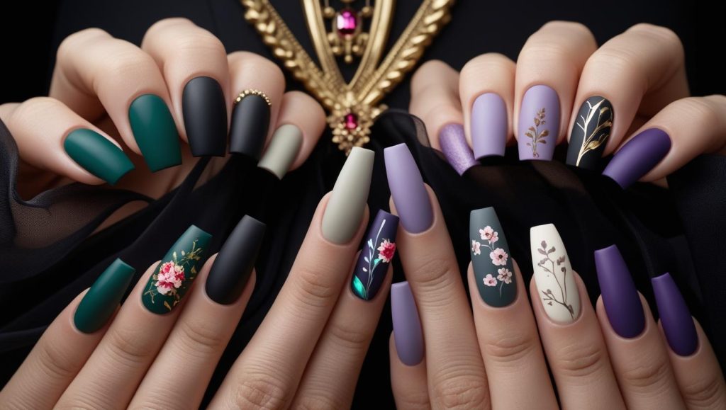 2025 matte nail designs with jewel tones, minimalist patterns, floral designs, and ombre effects for Pinterest inspiration