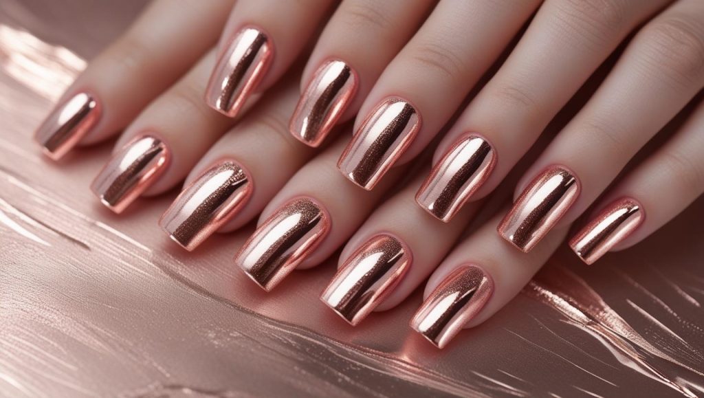 Rose gold chrome nail designs with metallic finish for 2025