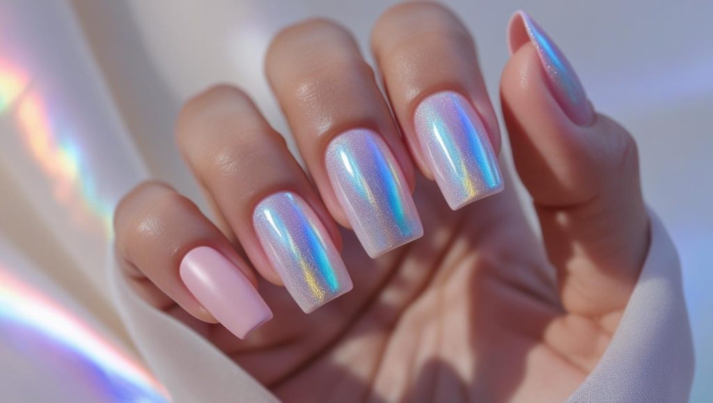 Holographic Nails 2025: Prismatic Trends for Stunning Manicures 5 Show a close-up of a hand applying holographic accent nails with a sponge applicator, adding iridescent holographic powder to two nails on a light pink base. Use a soft pink background with rainbow accents for a Pinterest look.
