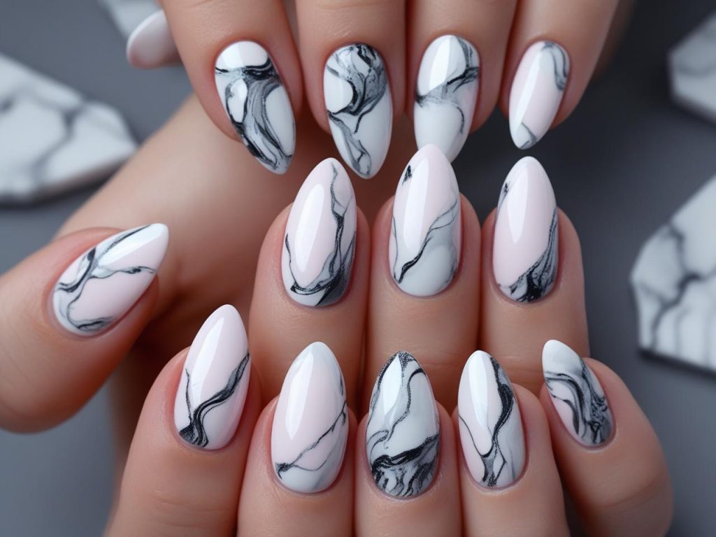 Almond Nails 2025: Chic Trends for Stunning Manicures 10 Marble effect almond nail designs with white and grey patterns for 2025