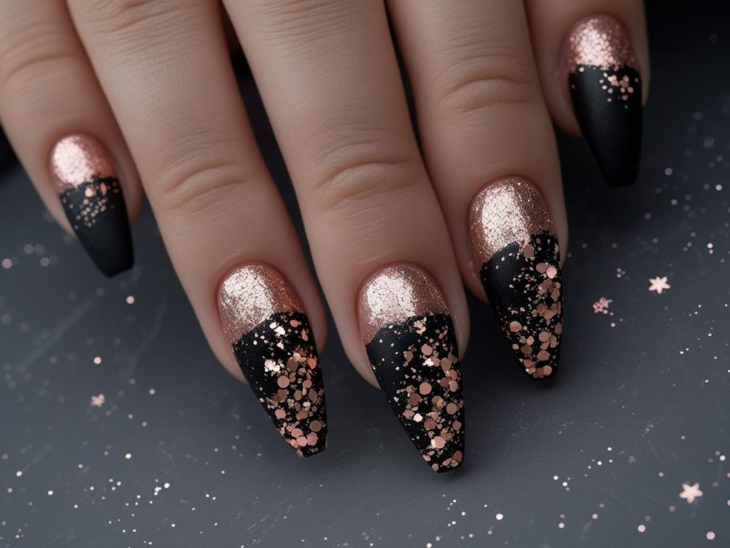 Glitter Nails 2025: Top Trends for Sparkly Nail Designs 12 Matte glitter nail designs with rose gold sparkle for 2025