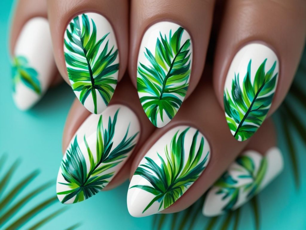 Tropical palm vacation nail designs with green leaves for 2025