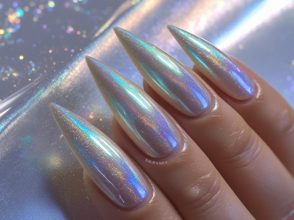 Stiletto Nails 2025: Daring Trends for Stunning Manicures 6 Holographic finish stiletto nail designs with iridescent shine for 2025