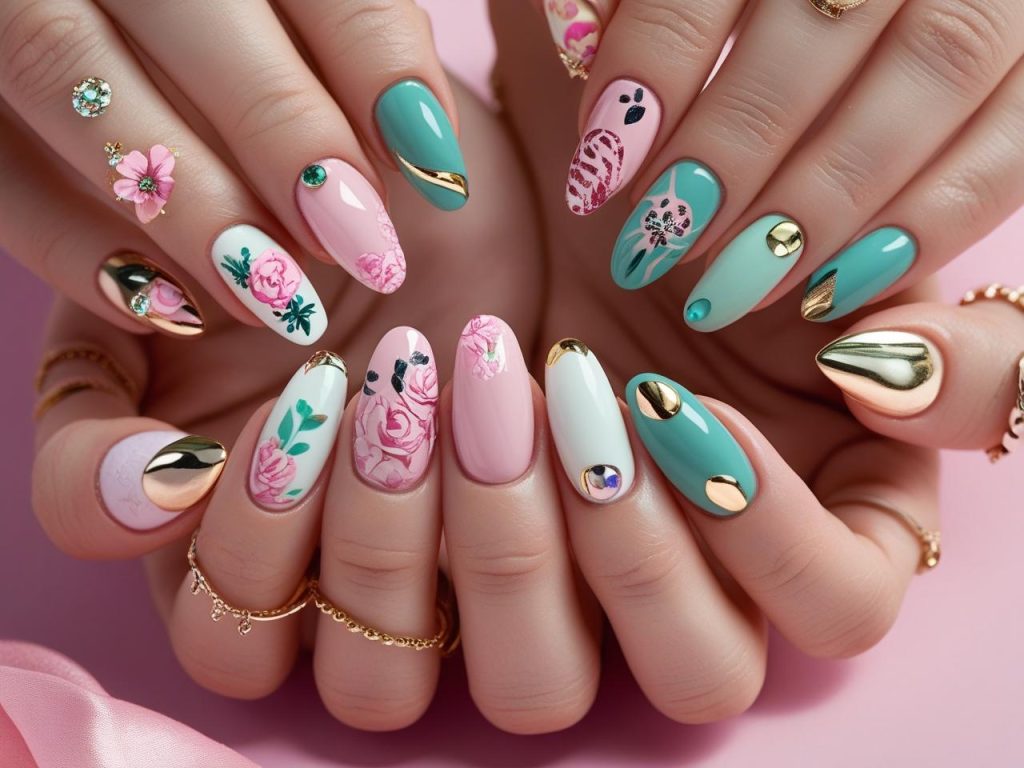 Round Nails 2025: Chic Trends for Stunning Manicures 2 2025 round nail designs with floral stamps, chrome tips, pastel swirls, and gemstone accents for Pinterest inspiration