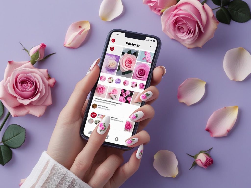 Floral Nail Art 2025: Vibrant Trends for Stunning Manicures 3 Rose pattern floral nail art on a Pinterest board, showcasing 2025 floral nail trends
