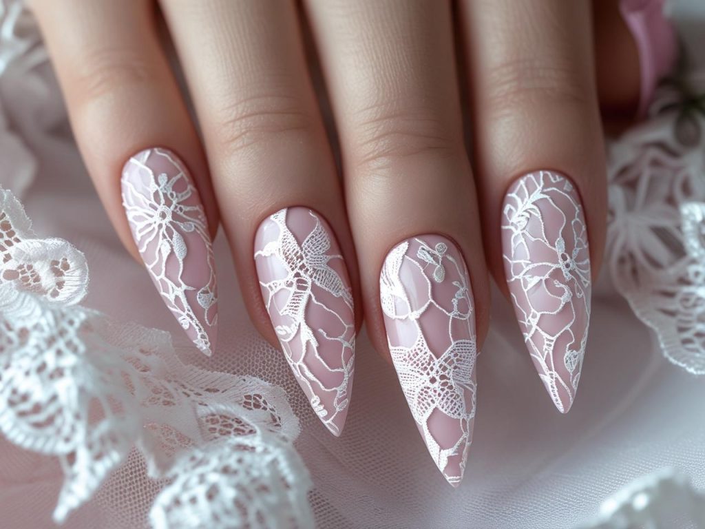 Stiletto Nails 2025: Daring Trends for Stunning Manicures 5 Lace detail stiletto nail designs with white patterns for 2025.