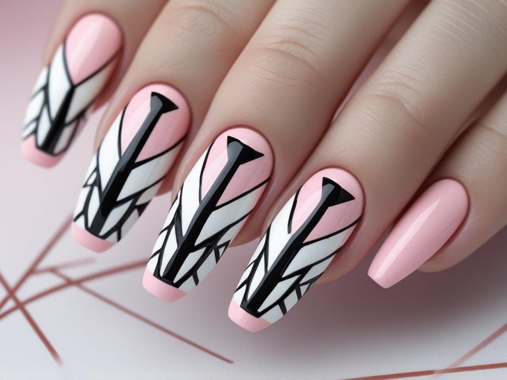 Coffin Nails 2025: Bold Trends for Stunning Manicures 8 Geometric pattern coffin nail designs with white and black shapes for 2025