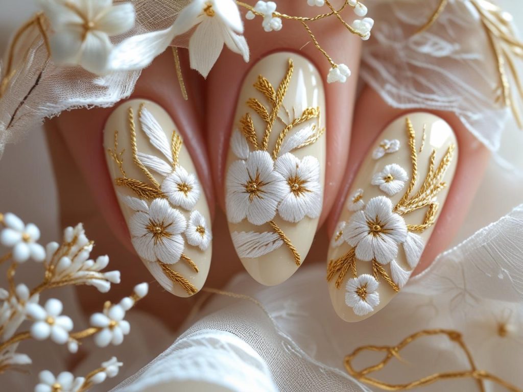 Wedding Nails 2025: Elegant Trends for Stunning Bridal Manicures 12 Floral embroidered wedding nail designs with white and gold accents for 2025