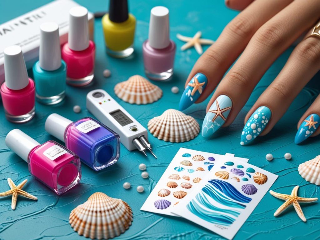 Nail art kit with vibrant polish and tools for 2025 beach nail designs