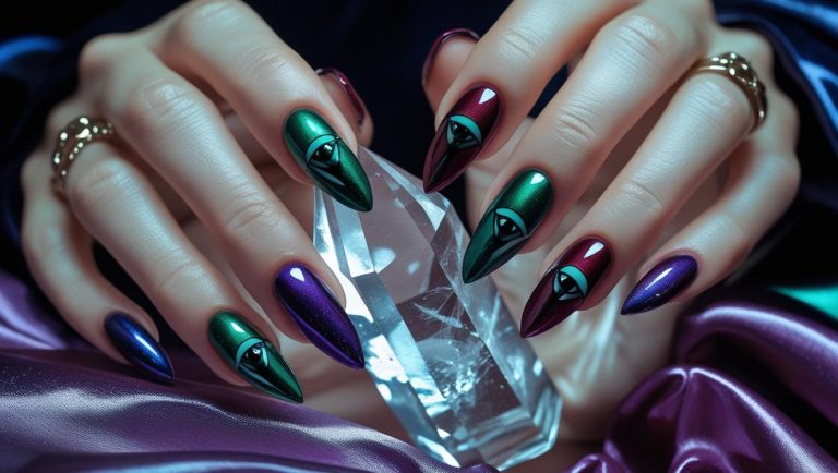 Close-up of cat eye nails in rich, reflective colors with a magnetic shimmer effect, styled for a bold and luxurious nail look.