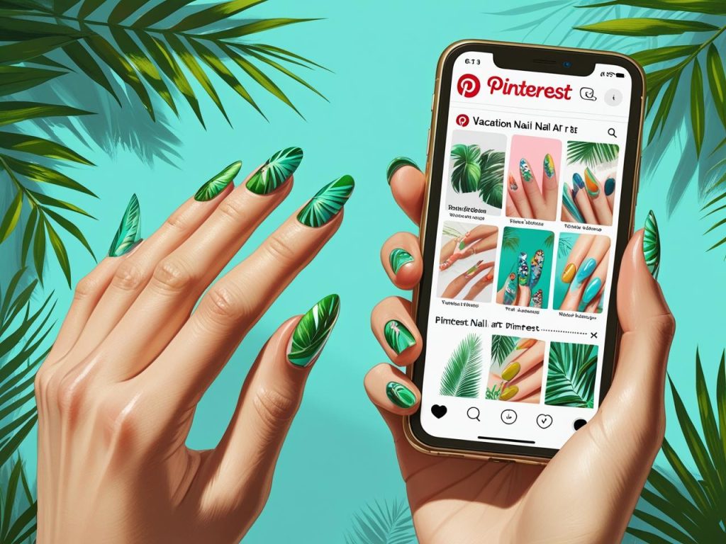 Tropical palm vacation nails on a Pinterest board, showcasing 2025 vacation nail trends