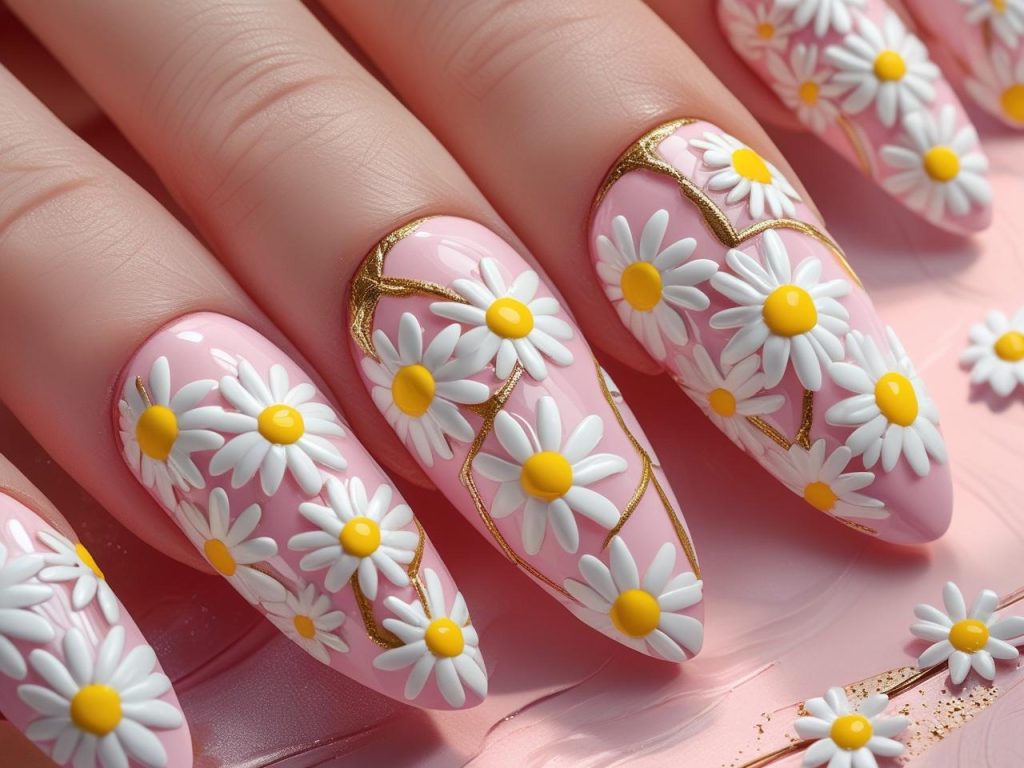 Floral Nail Art 2025: Vibrant Trends for Stunning Manicures 10 Daisy chain floral nail art designs with white and yellow flowers for 2025