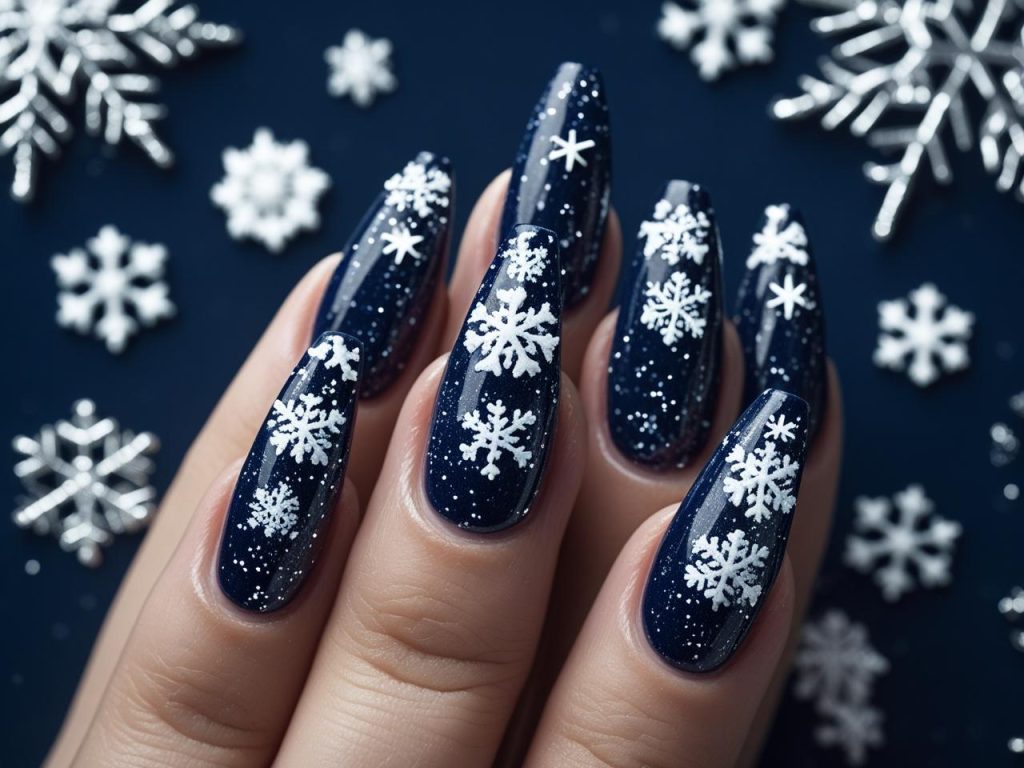 Holiday Nails 2025: Top Trends for Festive Nail Designs 4 Snowflake glitter holiday nail designs with white sparkles for 2025