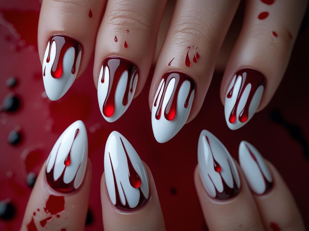 Halloween Nails 2025: Spooky Trends for Stunning Nail Designs 10 Blood drip Halloween nail designs with red accents for 2025