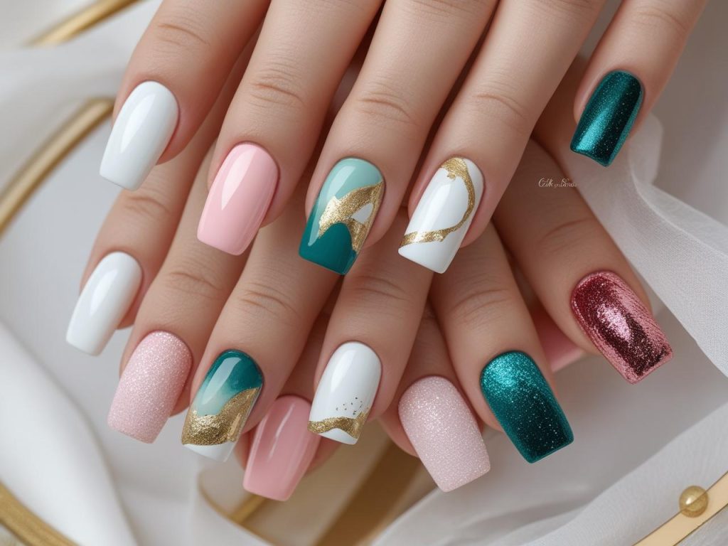 Square Nails 2025: Timeless Trends for Stunning Manicures 2 2025 square nail designs with French tips, abstract art, glitter fade, and velvet texture for Pinterest inspiration
