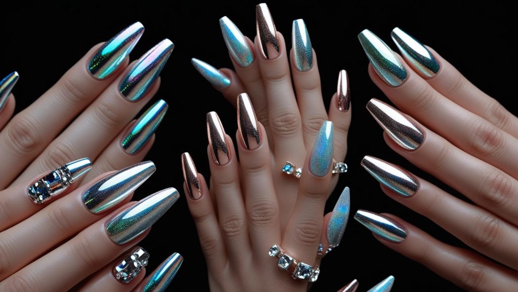 2025 chrome nail designs with holographic, rose gold, French tip, and gemstone accents for Pinterest inspiration
