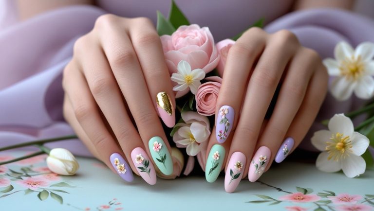 Close-up of elegant floral nail art featuring pastel colors and delicate flower designs like roses and cherry blossoms, styled with fresh flowers in the background—perfect for spring and feminine nail inspiration.