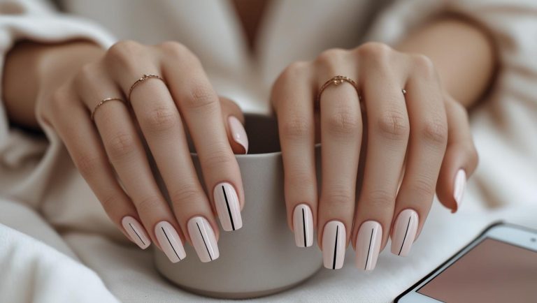 Close-up of minimalist nails in soft neutral tones with subtle line and dot designs, styled for a clean and modern everyday look.
