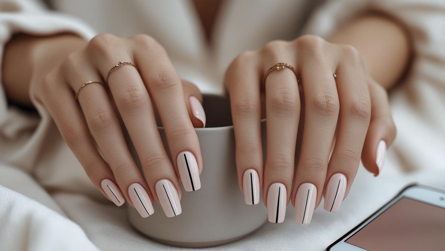 Close-up of minimalist nails in soft neutral tones with subtle line and dot designs, styled for a clean and modern everyday look.