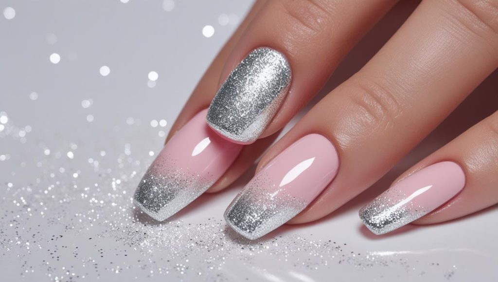 Glitter gradient glossy nail designs with silver sparkle for 2025