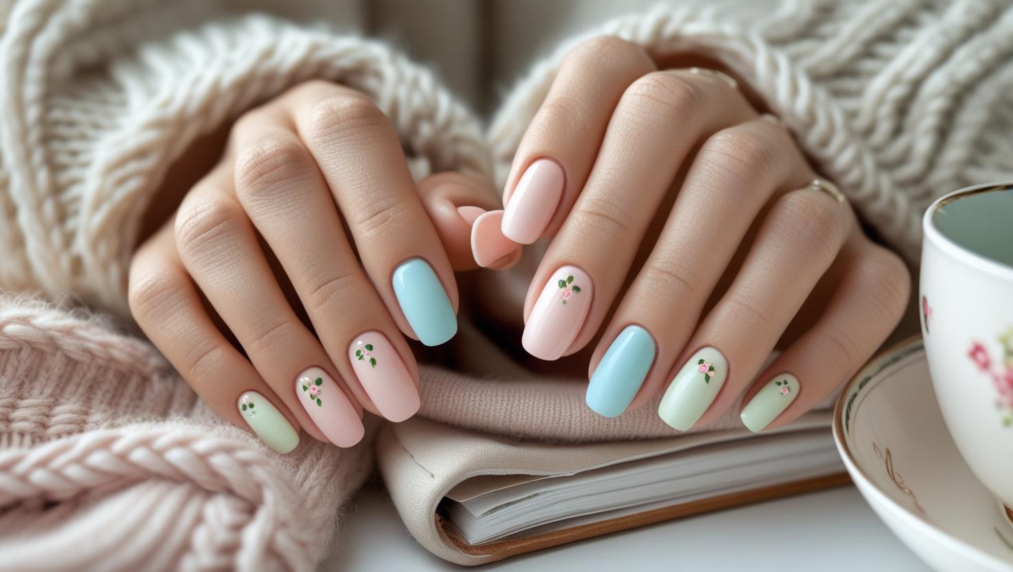 Close-up of round-shaped nails in soft, fresh colors with delicate designs, styled for a clean and natural everyday nail look.