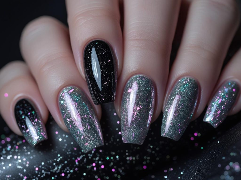 Glitter Nails 2025: Top Trends for Sparkly Nail Designs 4 Holographic glitter nail designs with silver and pink shimmer for 2025