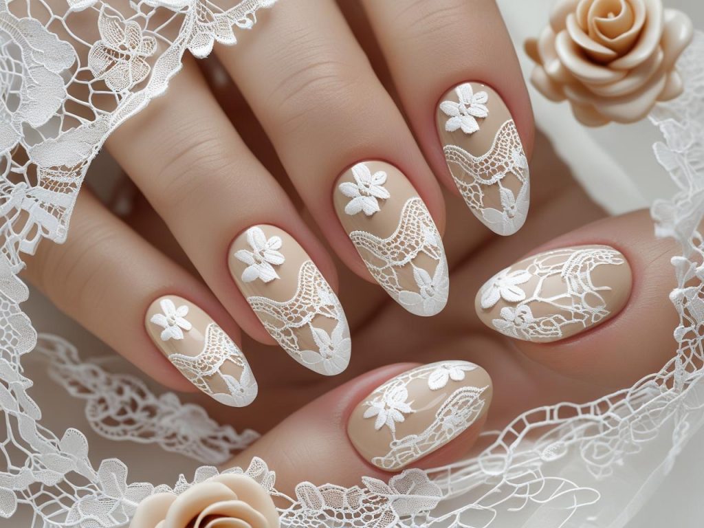 Bridal Nails 2025: Elegant Trends for Stunning Wedding Nail Designs 6 Lace detail bridal nail designs with white patterns for 2025.