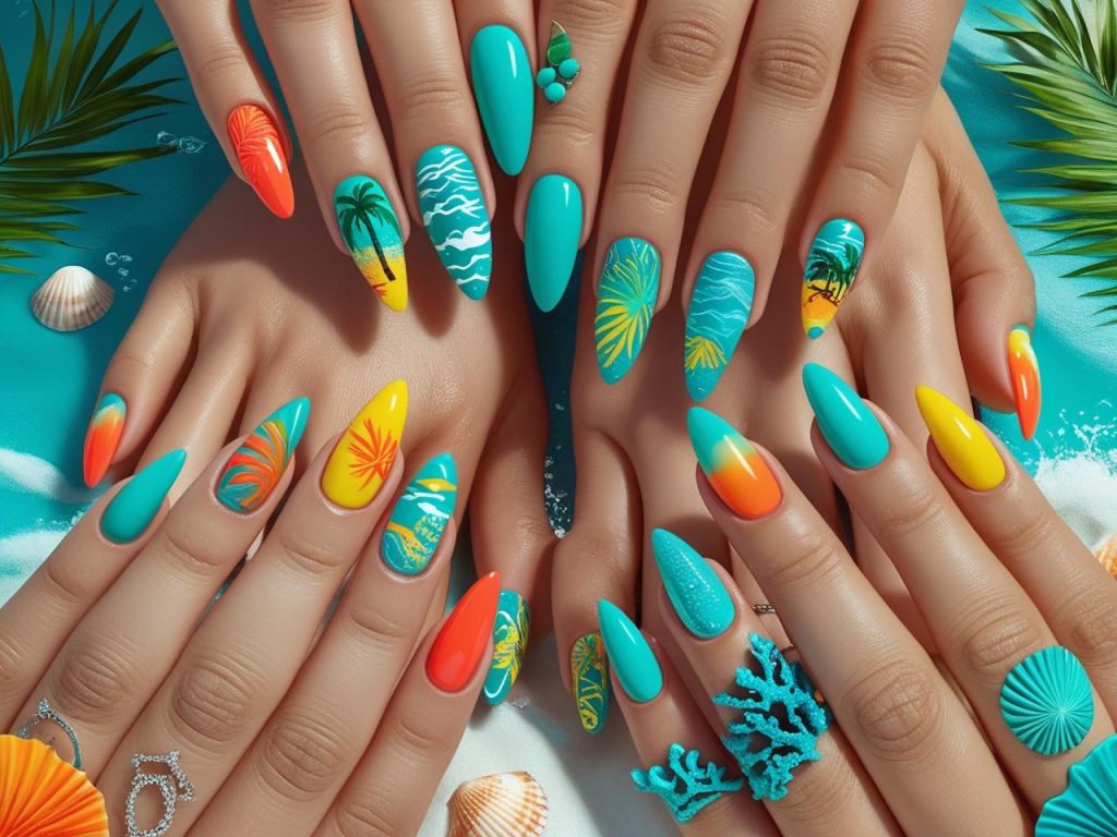 2025 vacation nail designs with tropical palms, ocean waves, sunset ombre, and coral reefs for Pinterest inspiration