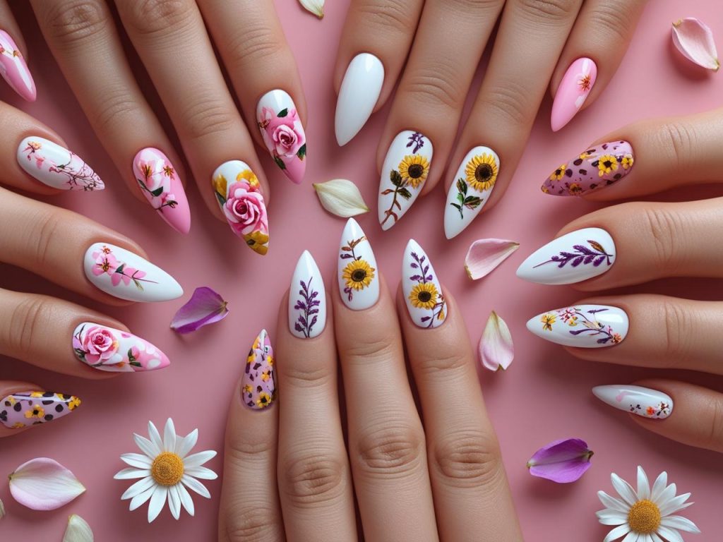 Floral Nail Art 2025: Vibrant Trends for Stunning Manicures 2 2025 floral nail art designs with rose patterns, sunflower accents, lavender sprigs, and daisy chains for Pinterest inspiration