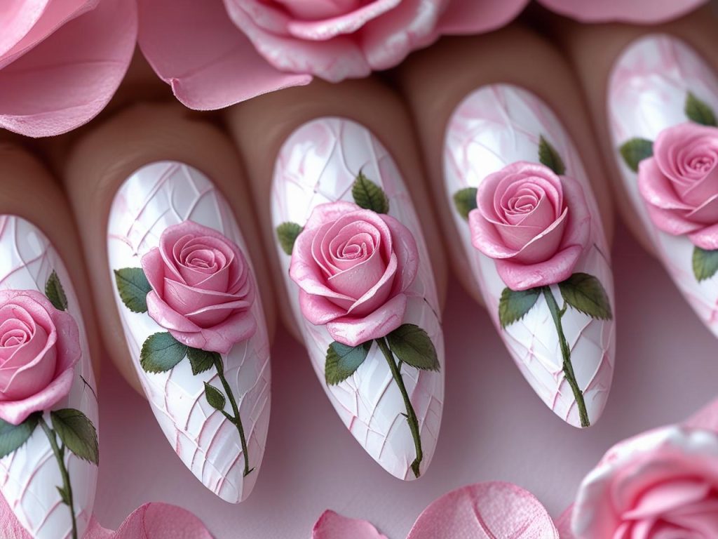 Floral Nail Art 2025: Vibrant Trends for Stunning Manicures 4 Rose pattern floral nail art designs with pink flowers for 2025