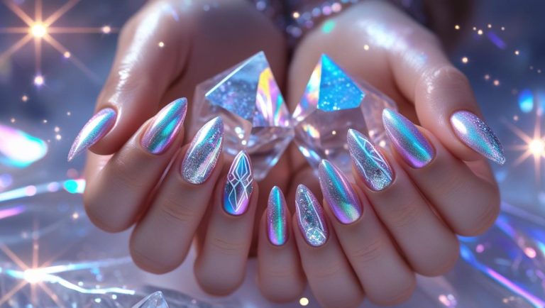Close-up of holographic nails reflecting rainbow colors with shimmering, light-catching designs, styled for a fun and futuristic nail look.