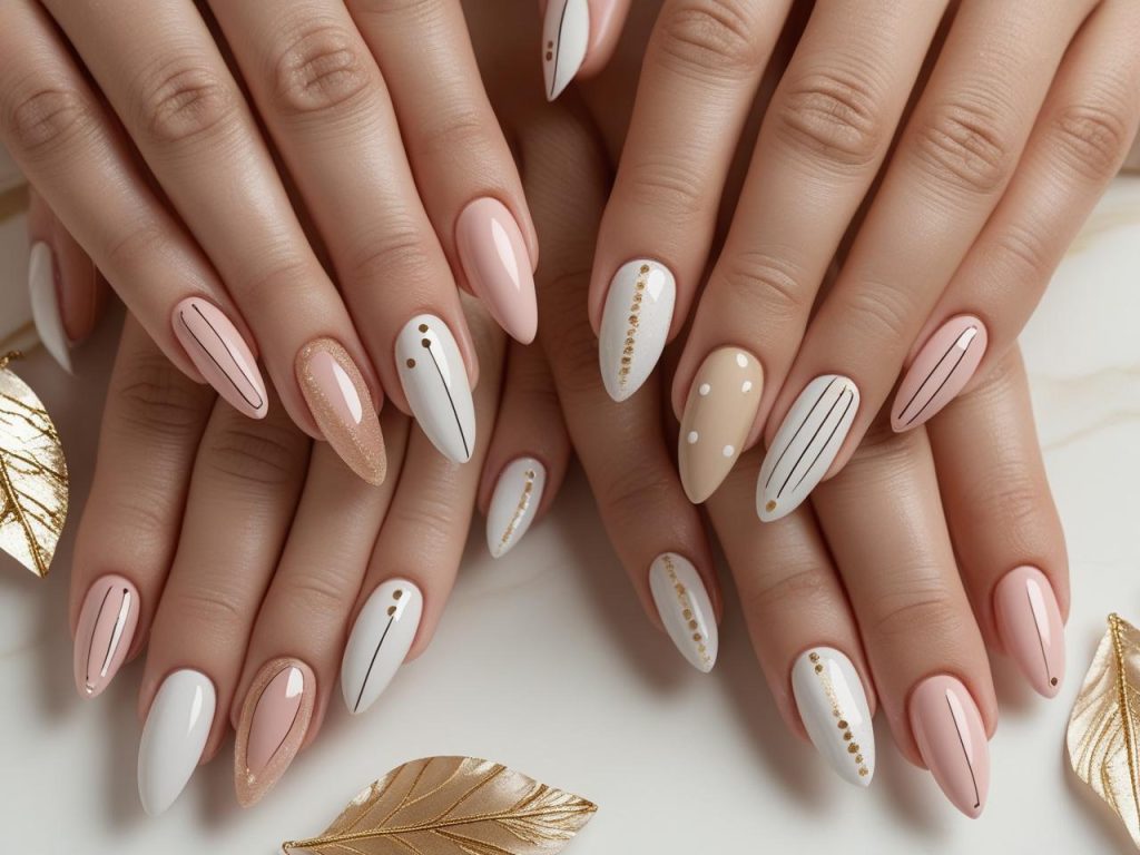 2025 minimalist nail designs with single dots, thin lines, negative space, and subtle glitter for Pinterest inspiration