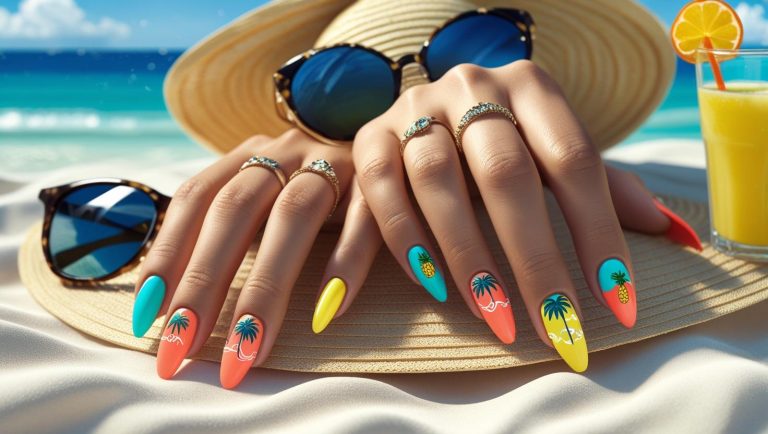 Close-up of colorful vacation nail art featuring tropical designs like palm trees, waves, and fruity patterns. Nails are styled in bright summer colors with a beach-themed background, perfect for summer getaway inspiration.