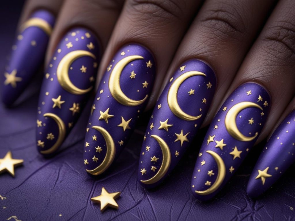 Halloween Nails 2025: Spooky Trends for Stunning Nail Designs 12 Witchy moon Halloween nail designs with gold accents for 2025