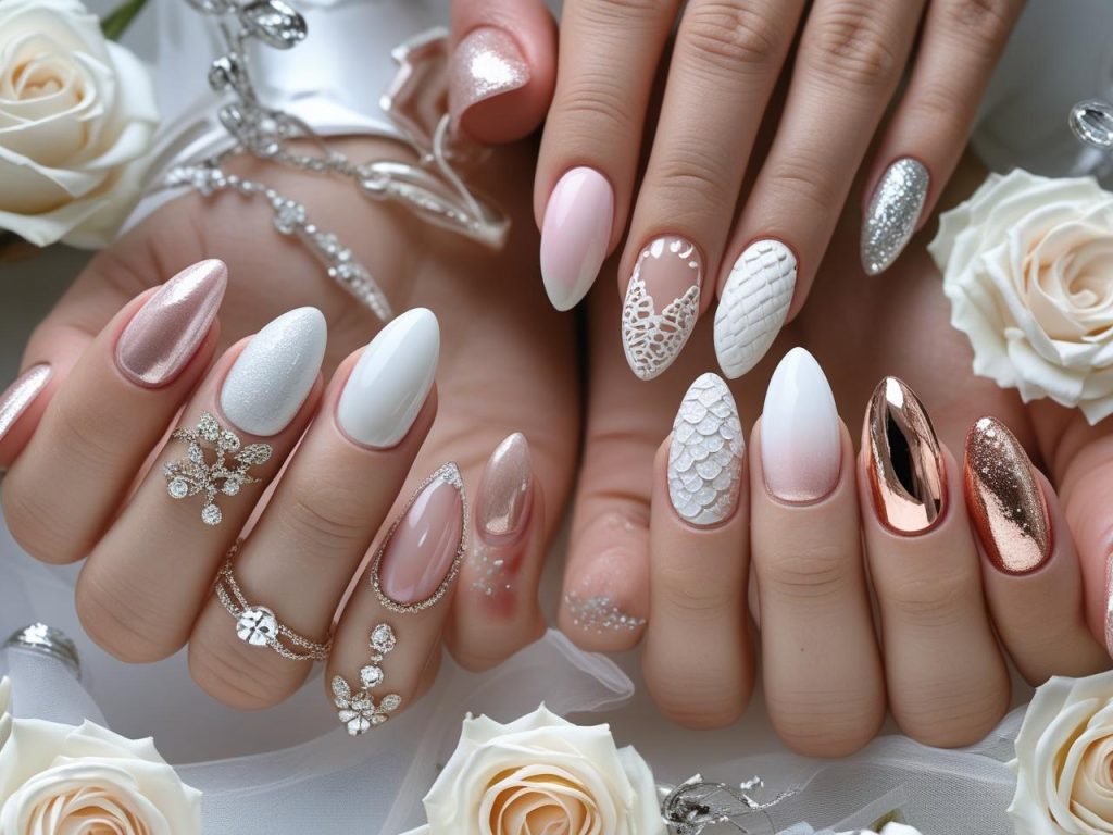 Wedding Nails 2025: Elegant Trends for Stunning Bridal Manicures 2 2025 wedding nail designs with shimmer finishes, lace overlays, crystal accents, and rose gold ombre for Pinterest inspiration