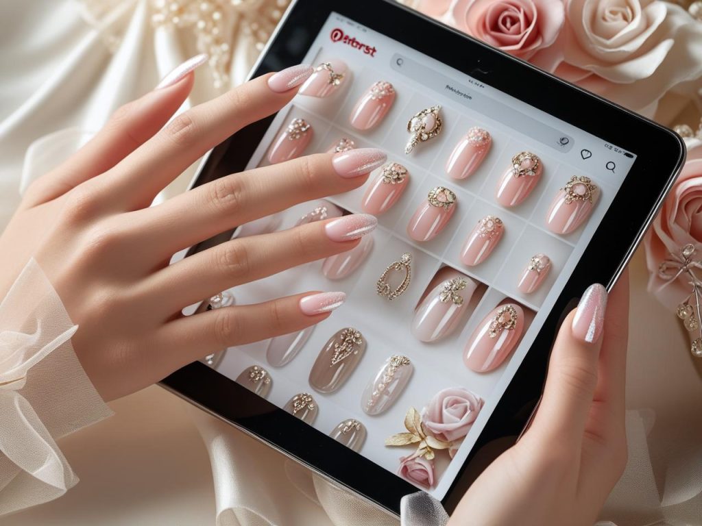 Wedding Nails 2025: Elegant Trends for Stunning Bridal Manicures 3 Shimmer finish wedding nails on a Pinterest board, showcasing 2025 wedding nail trends