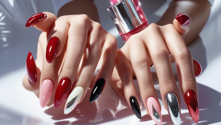 Close-up of glossy nails in vibrant colors with high-shine finish and sleek designs, styled for a polished and glamorous nail style.