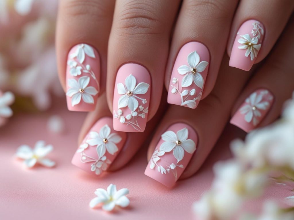 Bridal Nails 2025: Elegant Trends for Stunning Wedding Nail Designs 8 Floral accent bridal nail designs with white flowers for 2025