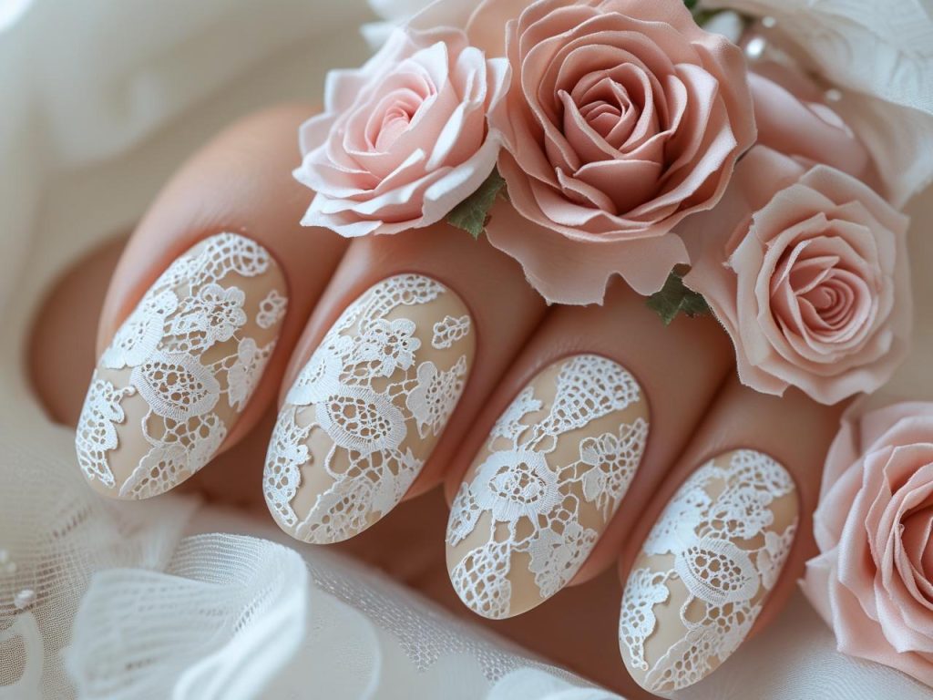 Wedding Nails 2025: Elegant Trends for Stunning Bridal Manicures 6 Lace overlay wedding nail designs with white patterns for 2025
