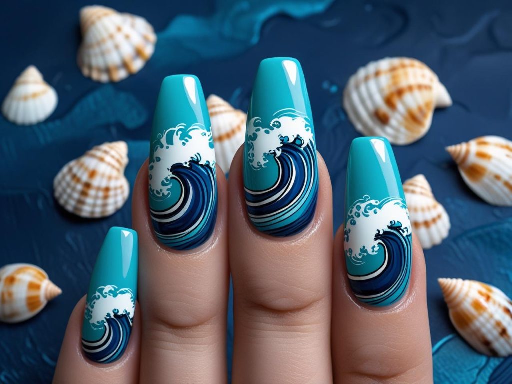 Ocean wave vacation nail designs with blue patterns for 2025