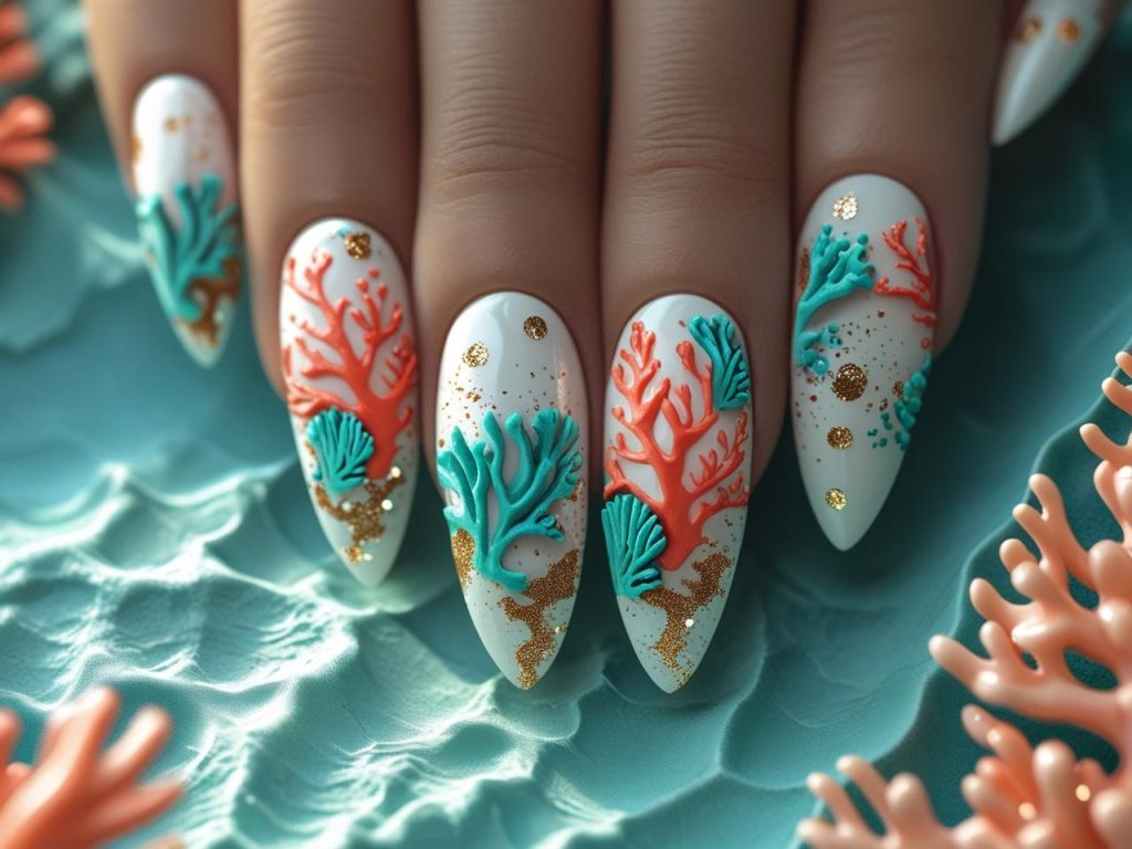 Coral reef vacation nail designs with turquoise and gold accents for 2025