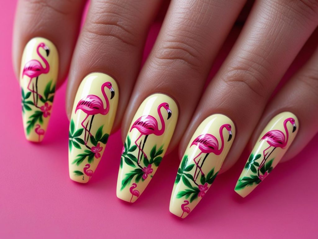 Flamingo motif vacation nail designs with pink and green accents for 2025