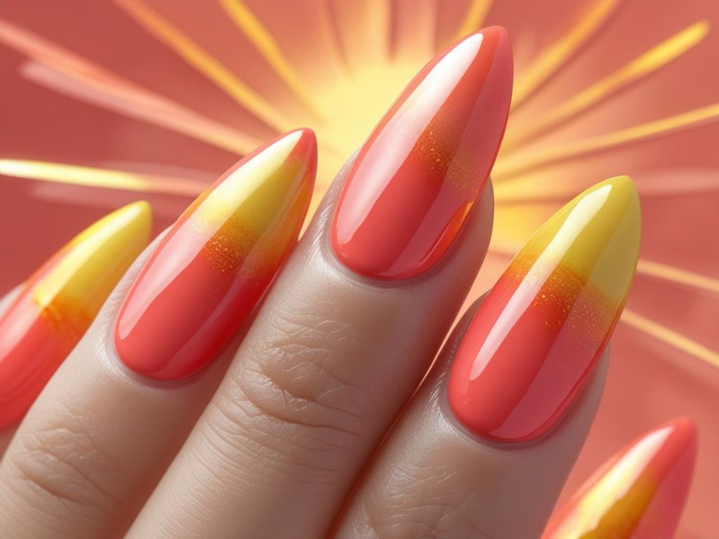 Show a hand applying coral sunset nails with a sponge, blending coral-to-yellow polish on a light pink base. Use a soft yellow background with sunset accents for a Pinterest aesthetic.