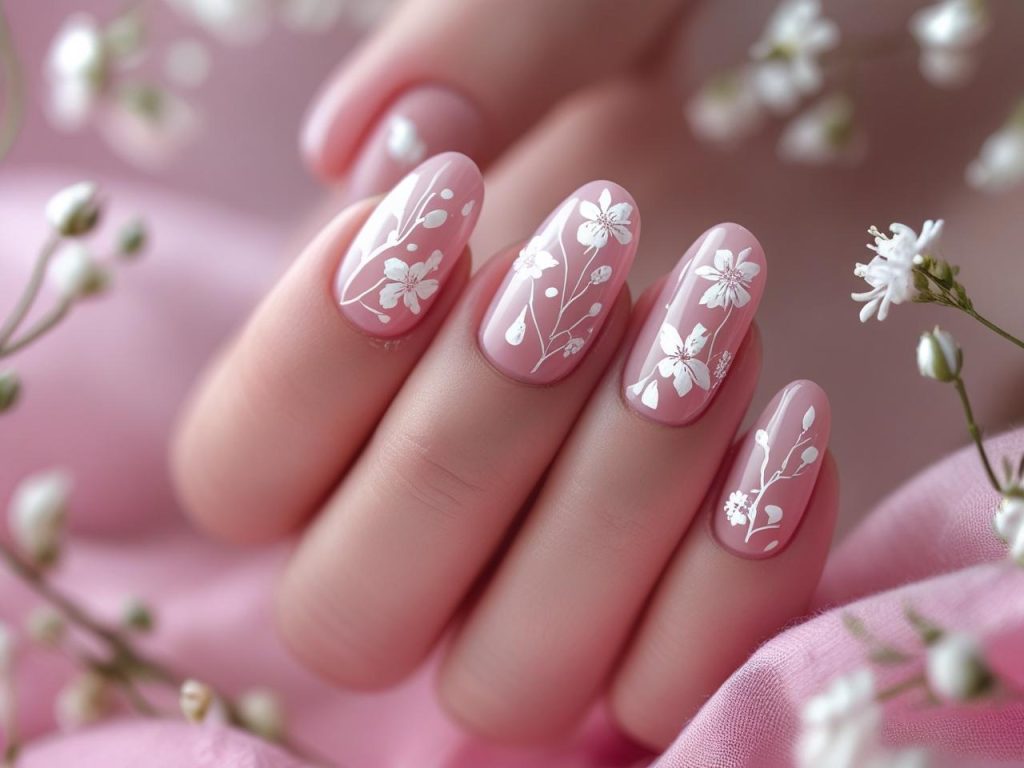 Round Nails 2025: Chic Trends for Stunning Manicures 4 Floral stamp round nail designs with white flowers for 2025