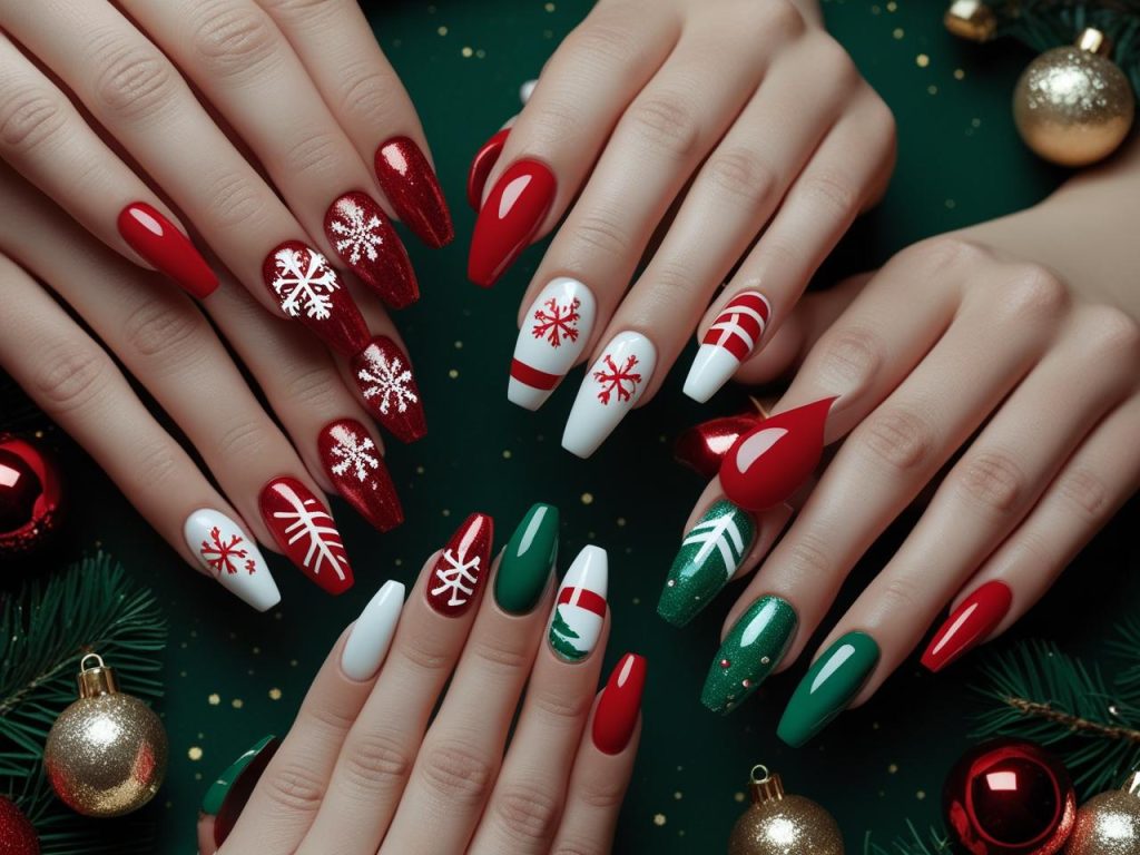 Christmas Nails 2025: c for Stunning Nail Designs 2 2025 Christmas nail designs with sparkling snowflakes, Santa hat accents, candy cane stripes, and Christmas tree motifs for Pinterest inspiration.
